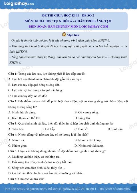 Đề thi giữa kì 2 KHTN 6 Chân trời sáng tạo - Đề số 2